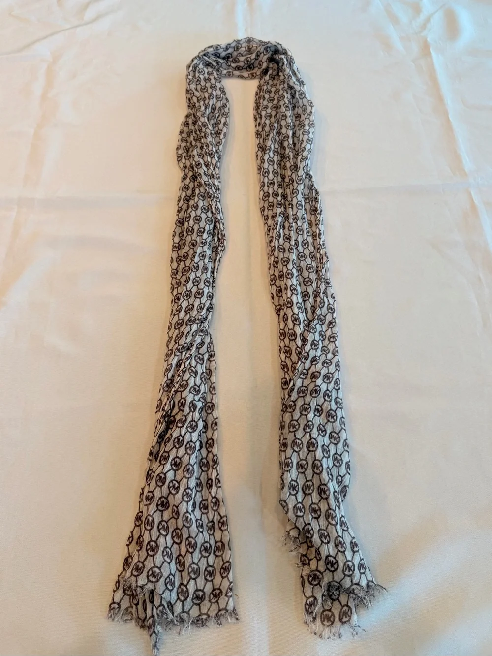 Michael Kors Monogram MK Logo Light Scarf in White and Brown Colorway